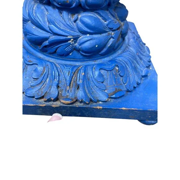 Vintage Blue ornate Handmade Carved floral Wooden Candle Holder19.5x8 SKU 9387